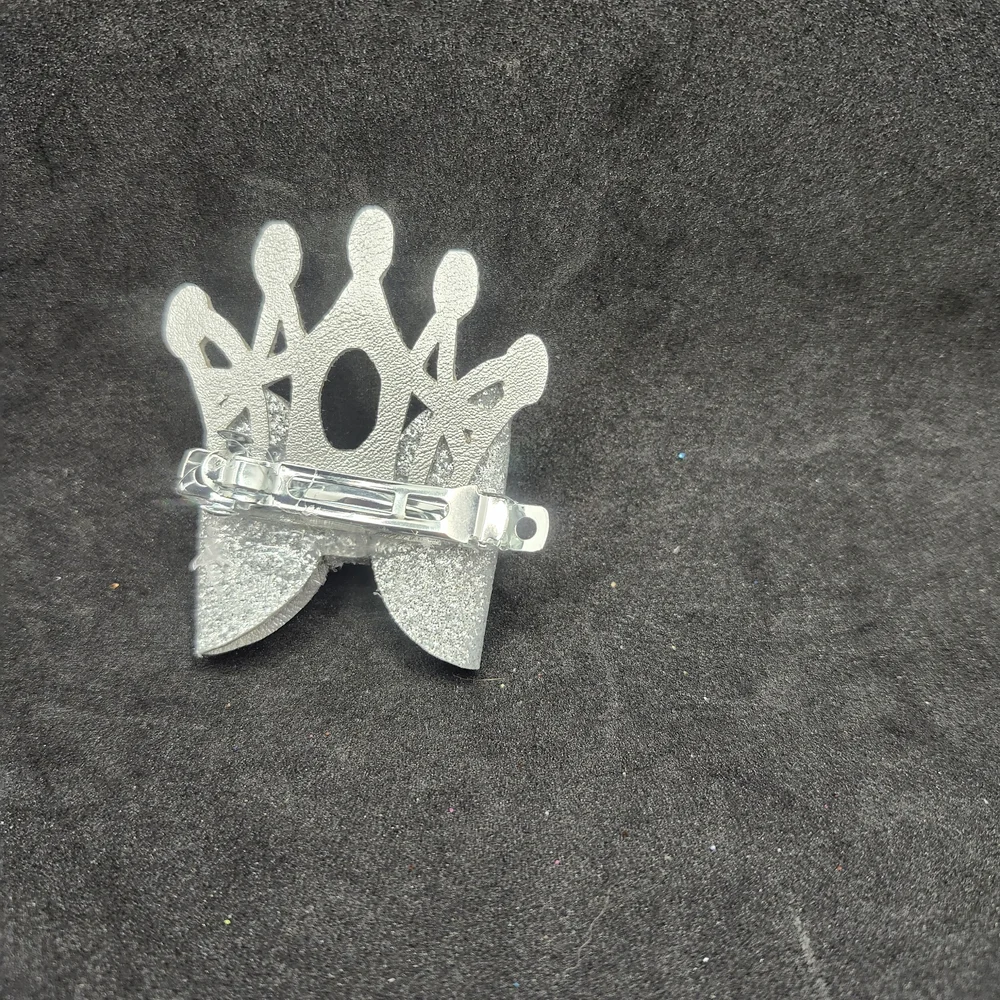 Hand Crafted Pink, Silver and Green Crown Glitter Hair Bow Barrette Clip